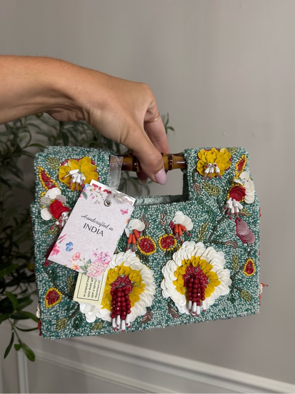 Made in India Beaded Blue Green with Floral design Clutch Crossbody bag